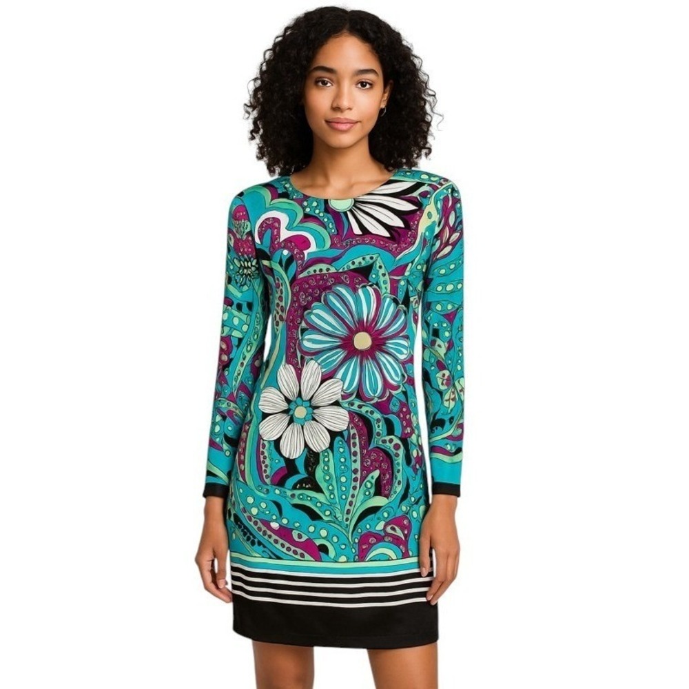 Cache Women's Dress Vtg‎ Silk Medium Psychedelic Floral Shift Mod Y2K Dress Sz 4